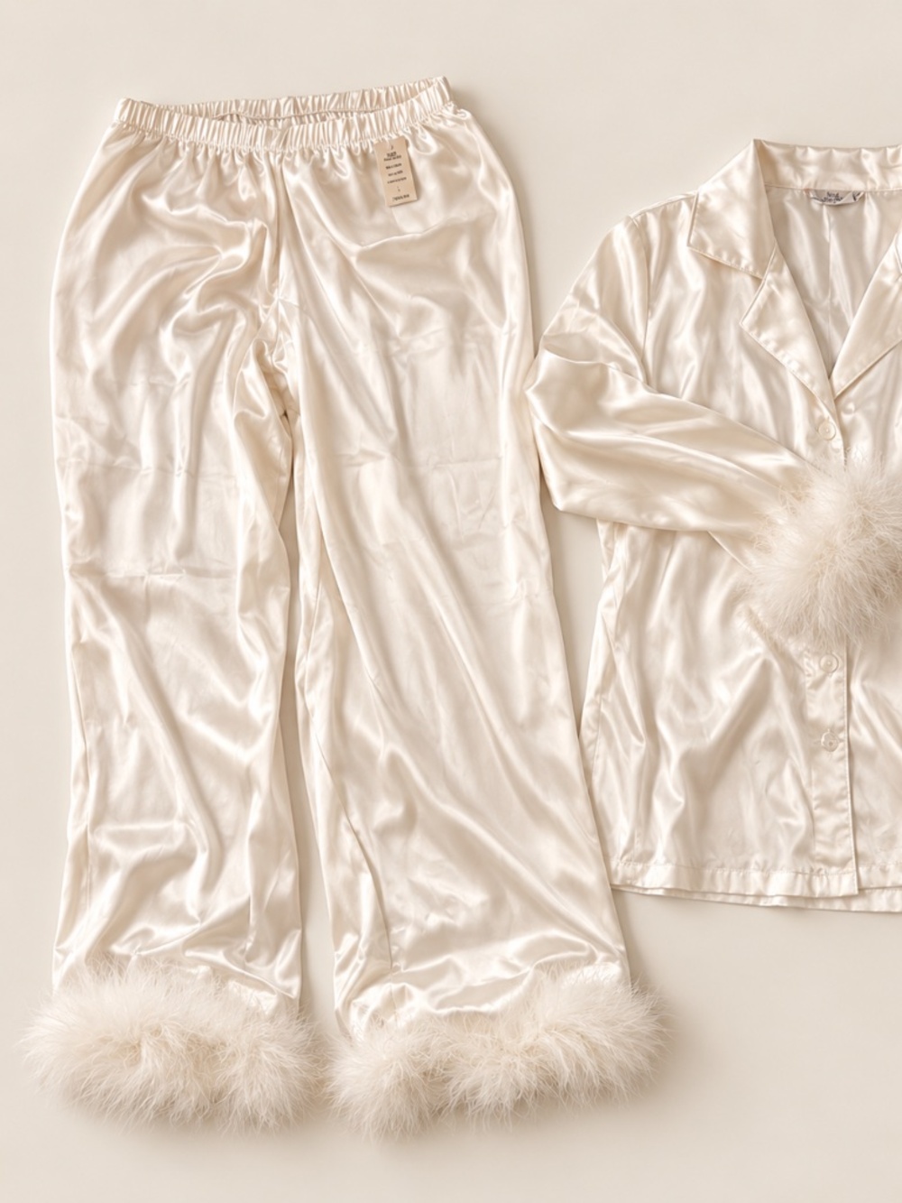 Ivory Satin Feather-Trim Pajama Set – New With Tags-L